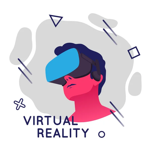 Illustrazione vettoriale dell'uomo che indossa auricolari di realtà virtuale. Illustrazione astratta VR moderna con elementi geometrici in stile piatto — Vettoriale Stock