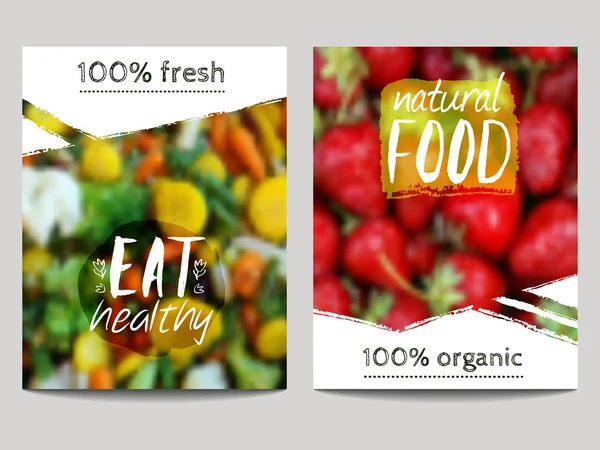 Vzor vektorové brožury s rozmazaným pozadím se zeleninou, ovocem a ekoznačkami. Zdravé čerstvé jídlo, vegetariánské, ekologické pojetí. Lze použít pro prezentaci, web, leták, časopis, obal, plakát — Stockový vektor