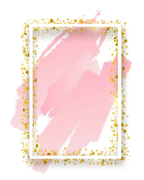 Cadre carré décoratif vectoriel avec des paillettes de confettis. Bordure festive éclatante avec des étincelles brillantes, éclaboussures d'aquarelle et des éléments dorés — Image vectorielle