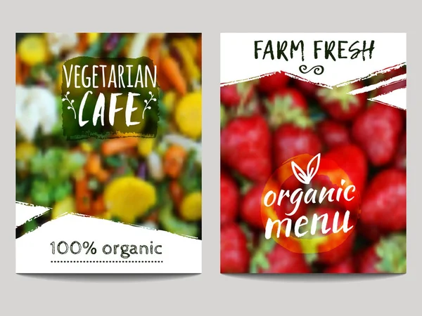 Vzor vektorové brožury s rozmazaným pozadím se zeleninou, ovocem a ekoznačkami. Zdravé čerstvé jídlo, vegetariánské, ekologické pojetí. Lze použít pro prezentaci, web, leták, časopis, obal, plakát — Stockový vektor