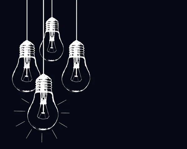 Vektor Grunge Illustration mit hängenden Glühbirnen und Platz für Text. modernen Hipster-Sketch-Stil. Einzigartige Idee und kreatives Denken. — Stockvektor