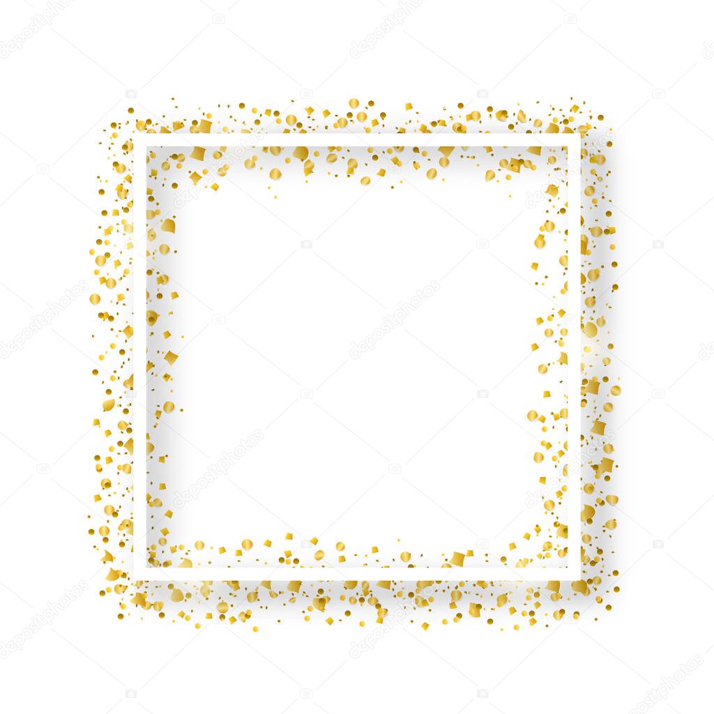 Vector decorative square frame with glitter tinsel of confetti. Glowing festive border with shiny sparkles and golden elements