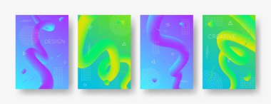 Afiş, kapak ve afiş için modern sıvı şekilleri olan soyut geometrik arkaplan vektör kümesi. Dalga akış formları olan modaya uygun broşürler koleksiyonu.