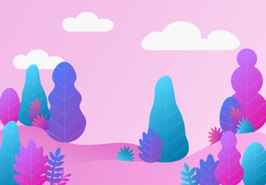 Bitkilerin son moda fantezi geçmişi. Ağaçlı, yapraklı modern illüstrasyon. Düz dizayn ve eğimli renkler