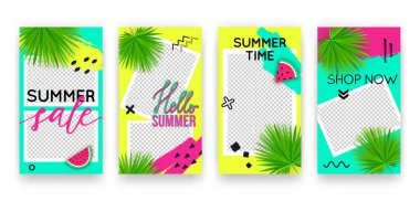 Sosyal medya hikayeleri için vektör trend tropik düzenlenebilir şablonlar. El ilanları, kartlar, posterler, promosyonlar için karpuz ve palmiye yapraklı modern yaz tasarımı arkaplanları