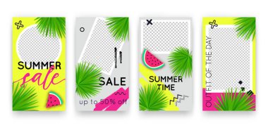 Sosyal medya hikayeleri için vektör trend tropik düzenlenebilir şablonlar. El ilanları, kartlar, posterler, promosyonlar için karpuz ve palmiye yapraklı modern yaz tasarımı arkaplanları