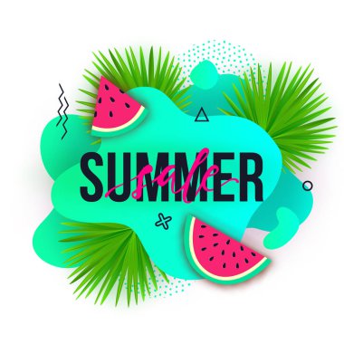 Vector Summer indirimli pankartlar. Sıvı elementlere, karpuzlara, tropik palmiye yapraklarına ve geometrik elementlere sahip modern arkaplanlar.