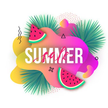 Vector Summer indirimli pankartlar. Sıvı elementlere, karpuzlara, tropik palmiye yapraklarına ve geometrik elementlere sahip modern arkaplanlar.