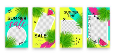 Sosyal medya hikayeleri için vektör trend tropik düzenlenebilir şablonlar. El ilanları, kartlar, posterler, promosyonlar için karpuz ve palmiye yapraklı modern yaz tasarımı arkaplanları