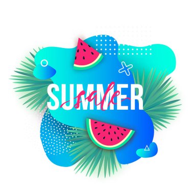 Vector Summer indirimli pankartlar. Sıvı elementlere, karpuzlara, tropik palmiye yapraklarına ve geometrik elementlere sahip modern arkaplanlar.