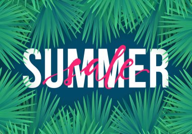 Vector Summer satış trendi çizimi. Tropikal palmiye yapraklarıyla modern renkli arkaplan