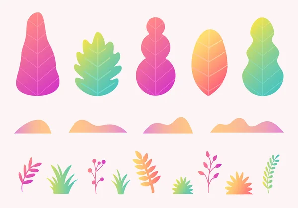 Conjunto de vectores con árboles, hojas, hierba en diseño de estilo plano de moda. Plantilla de plantas de naturaleza de otoño de fantasía para pancarta, tarjeta, póster, impresión — Vector de stock