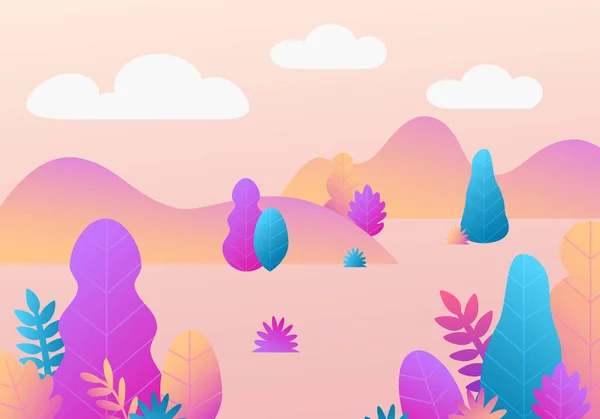 Fondo de fantasía de moda vectorial con plantas. Ilustración moderna con árboles, hojas. Diseño plano con colores degradados — Vector de stock