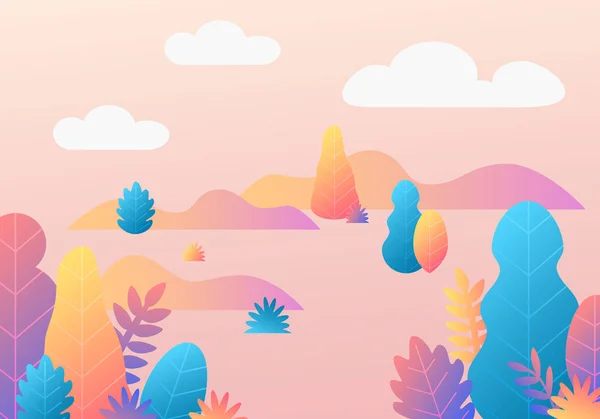 Vector trendige Fantasie Hintergrund mit Pflanzen. Moderne Illustration mit Bäumen, Blättern. Flaches Design mit Farbverläufen — Stockvektor