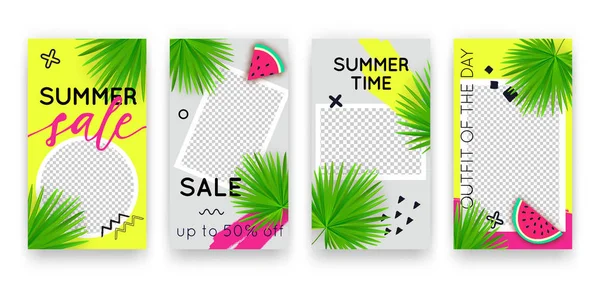 Vector trady tropic editable 템플릿은 소셜 미디어 네트워크 이야기를 위한 템플릿이다. 근년의 여름 디자인 배경에는 곡예사, 카드, 포스터, 프로모션을 위한 수박 과 야자나무 잎 이 있다 — 스톡 벡터