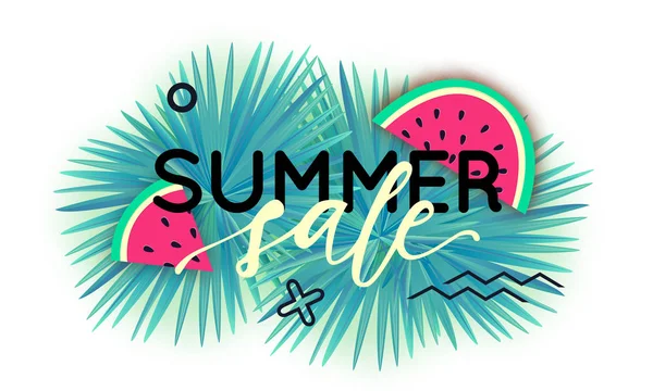 Vector Summer vente bannière à la mode. Fond moderne avec pastèques, feuilles de palmiers tropicaux et éléments géométriques . — Image vectorielle