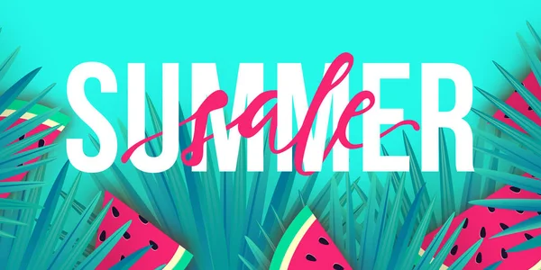 Vector Summer vente bannière à la mode. Fond coloré moderne avec des feuilles de palmier tropical et des tranches de pastèque — Image vectorielle