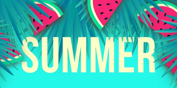 Vector Sommer trendiges Banner. Moderne bunte Hintergrund mit tropischen Palmblättern und Wassermelonenscheiben — Stockvektor
