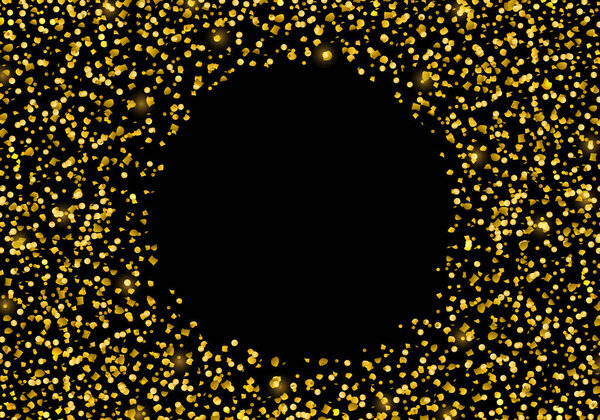 Векторный шаблон с эффектом золотых блёсток и круглая рамка для роскошных поздравительных открыток. Блестящие праздничные конфетти. Звездная пыль вспыхивает на черном фоне
.