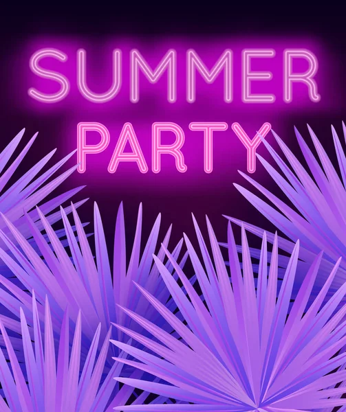 Vector colorido ilustración moderna con letras de neón Fiesta de verano y hojas de palma tropical. Noche de moda fondo exótico — Vector de stock