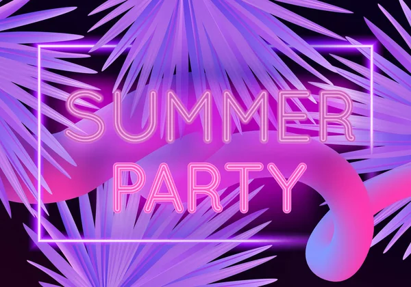 Векторная красочная современная иллюстрация с неоновой надписью Summer Party и тропическими пальмовыми листьями. Ночной модный экзотический фон — стоковый вектор