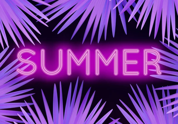 Vector kleurrijke moderne illustratie met neon belettering Zomer en tropische palmbladeren. Trendy nacht exotische achtergrond — Stockvector