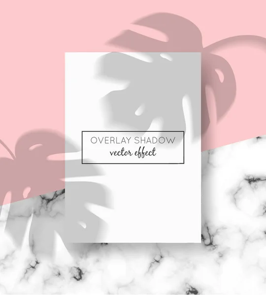 Vector A4 card mockup with shadow overlays on top and stone marble background. Organic shadows for natural light effects. Trendy photo-realistic illustration with monstera leaves — Stock Vector