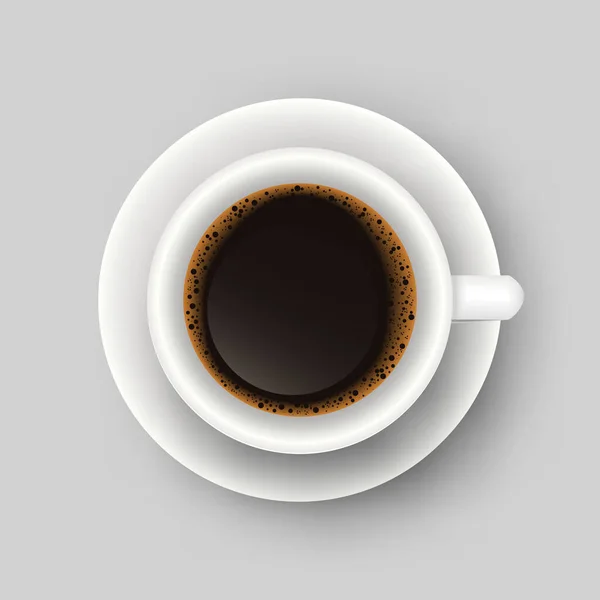 Ilustración realista vectorial de la taza de café. Vista superior de la bebida caliente realista de la mañana. plantilla 3d de taza con espresso para diseño de menú de café, pancarta, cartel — Archivo Imágenes Vectoriales