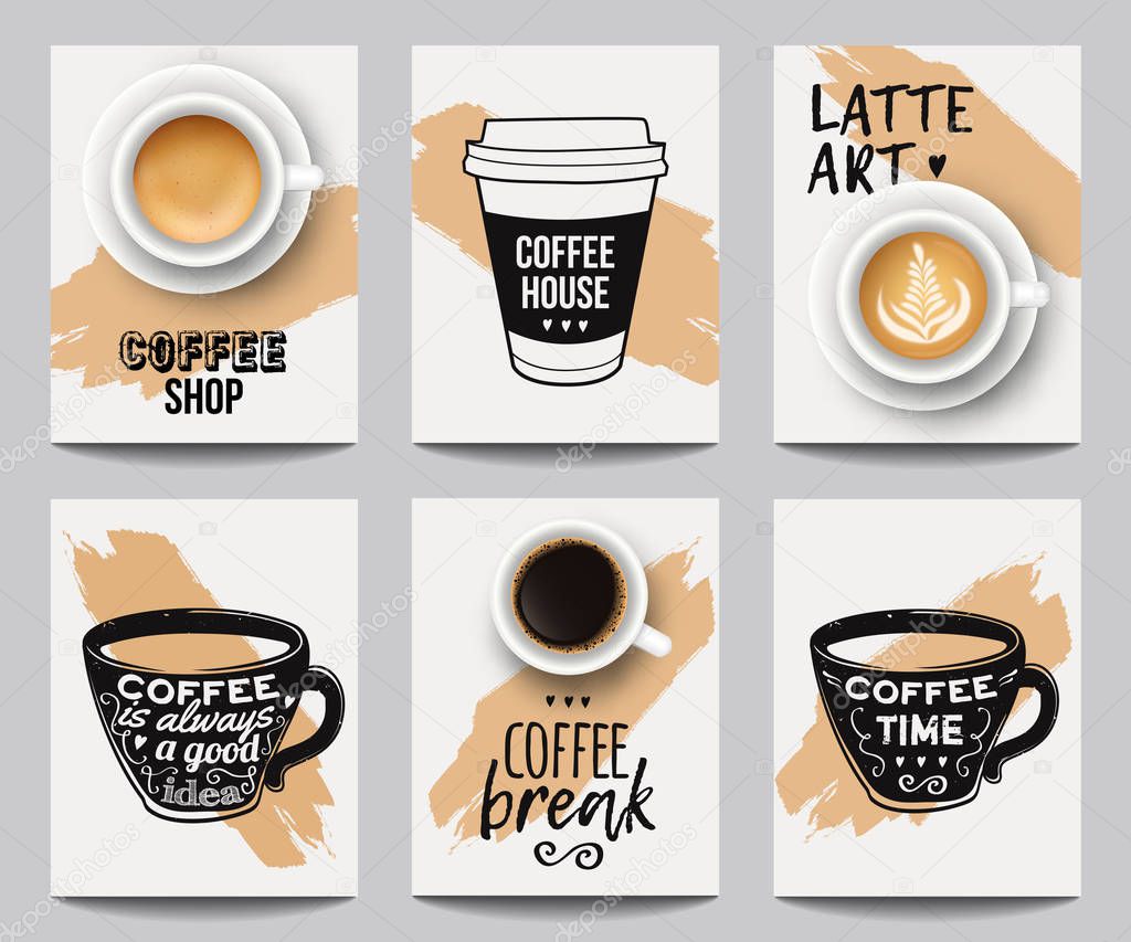 Vector set of modern posters with coffee backgrounds. Trendy templates for flyers, banners, invitations, restaurant or cafe menu design.