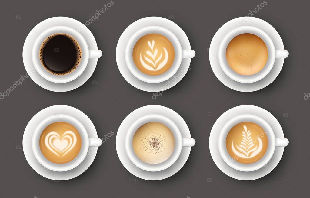 Vector set with 3d realistic different types of coffee in white cups. Collection of top views of mugs of cappuccino, latte, americano, espresso, cocoal for cafe menu design, poster, mock up.