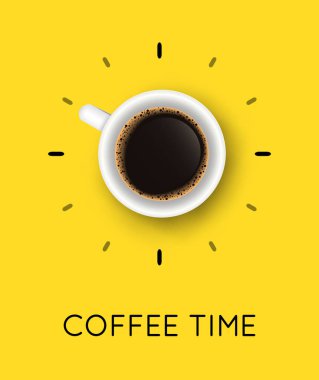 Kahve fincanı manzaralı ve kahve saati cümleli vektör çizimi. Kafe tasarımı için gerçekçi kupa ve espresso ile yaratıcı poster