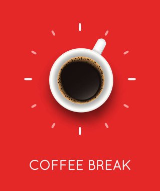 Kahve fincanı manzaralı ve kahve molası ifadeli vektör çizimi. Kafe tasarımı için gerçekçi kupa ve espresso ile yaratıcı poster