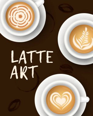 Kahveli, gerçekçi beyaz bardaklı vektör çizimi. Latte sanat üst görünüm koleksiyonu