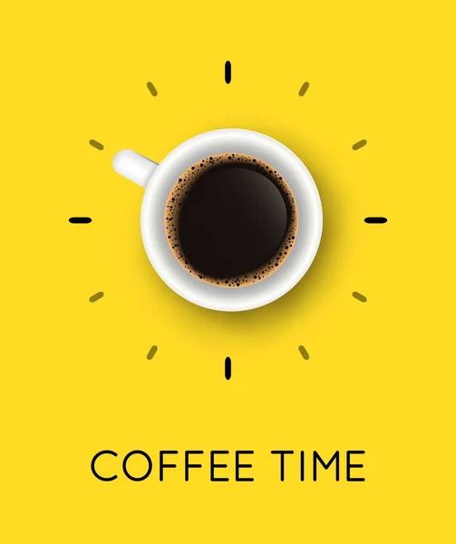 Векторная иллюстрация с чашкой кофе вид сверху и фраза время кофе. Креативный плакат с реалистичной кружкой и эспрессо для оформления кафе — стоковый вектор
