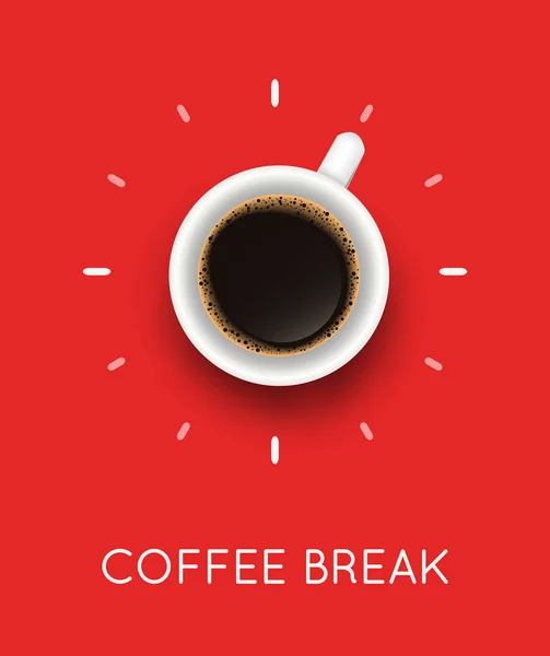 Kahve fincanı manzaralı ve kahve molası ifadeli vektör çizimi. Kafe tasarımı için gerçekçi kupa ve espresso ile yaratıcı poster