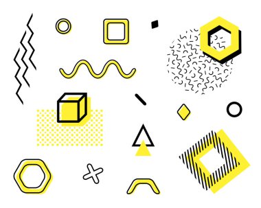 Moda geometrik şekilli vektör ayarlandı. Retro funky grafik, 90 'lar ve 80' ler tasarım unsurları dergi, broşür, reklam panosu, baskı, kapak, afişler için