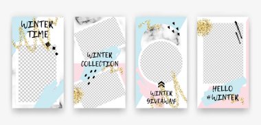 Sosyal medya hikayeleri için düzenlenebilir kış şablonları. Geometrik elementlere, kar tanelerine, el ilanları, kartlar, posterler için altın parıltılara sahip modern tasarım arkaplanları