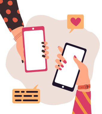 Çizgi filmlerdeki insanların akıllı telefonları kullanarak yaptıkları son moda illüstrasyonlar. Uygulama için cep telefonu taşımanın modern iletişim konsepti, el ilanı, sunum, iş