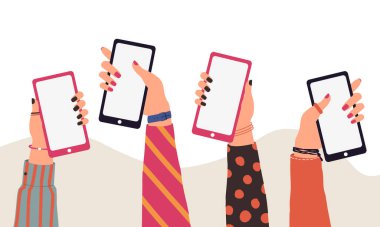 Çizgi filmlerdeki insanların akıllı telefonları kullanarak yaptıkları son moda illüstrasyonlar. Uygulama için cep telefonu taşımanın modern iletişim konsepti, el ilanı, sunum, iş