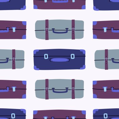 Renkli bavulları olan kusursuz bir arka plan. Moda tekstil baskısı, yaz seyahati ve turizm için klasik valizli moda tasarımı
