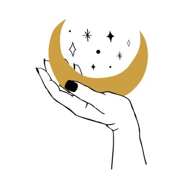 Ay 'ı ve yıldızları tutan kadınların vektör çizimi. Logo, amblem, tişört, moda baskısı, çıkartmalar, cilt bakımı veya kozmetik markalaşması için modaya uygun boho dövme stili