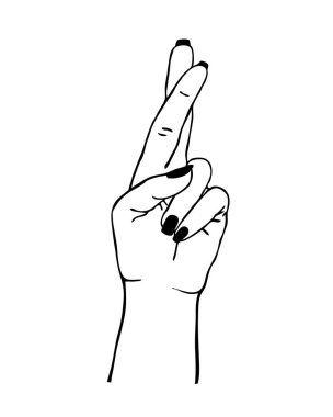 Jestin vektör çizimi. Kadın eli, beyaz arka planda izole edilmiş parmaklar gösteriyor. Yalan ya da Şans kavramı, batıl inanç sembolü