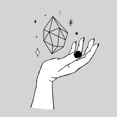 Kristal ve yıldızları tutan kadınların vektör çizimi. Logo, amblem, tişört, moda baskısı, çıkartmalar, cilt bakımı veya kozmetik markalaşması için modaya uygun boho dövme stili