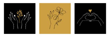 Vector set of female hands in different gestures: holding plant, flower and making heart of fingers. Abstract trendy template cards with logos or emblems for cosmetics, packaging or beauty products