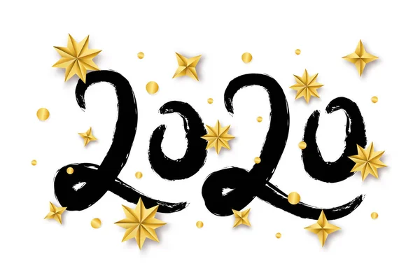 Illustrazione vettoriale con scritte a mano 2020 con stelle di Natale dorate isolate su sfondo bianco. Trendy Felice Anno Nuovo banner di auguri, poster o design della carta . — Vettoriale Stock