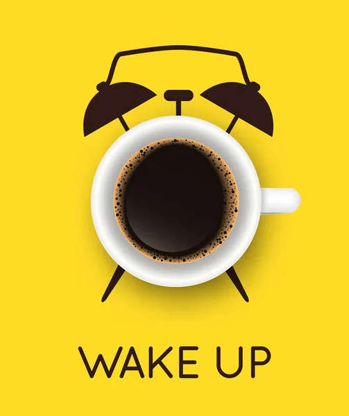 Ilustração vetorial com xícara realista de café e despertador desenhado à mão no fundo amarelo. Tempo de pausa, bom dia, conceito de design de menu de bebidas. Banner na moda ou cartaz — Vetor de Stock