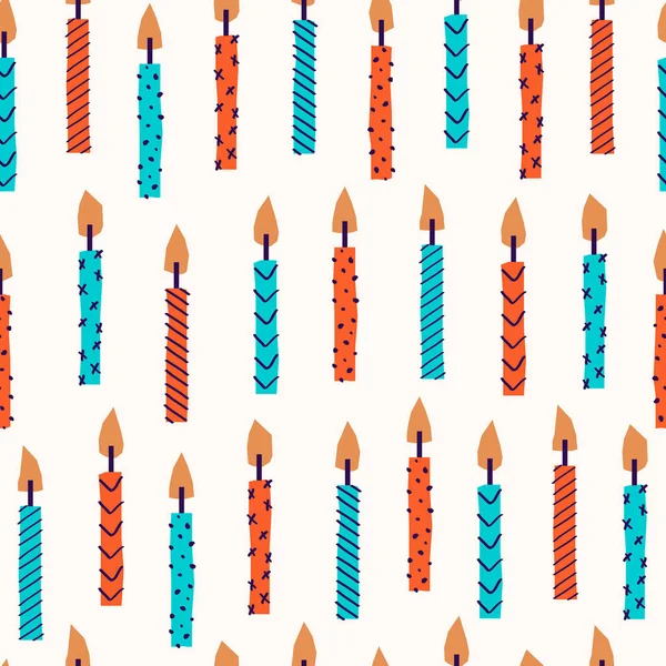 Modèle vectoriel sans couture de bougies gâteau d'anniversaire avec des lignes et des points ornement. Célébration, fond de carte postale de voeux, papier d'emballage de fête pour cadeaux et cadeaux — Image vectorielle