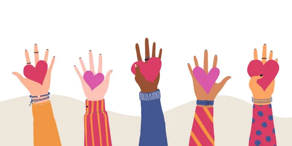 Векторная модная иллюстрация с разными руками, держащими сердце. Любовь к людям, волонтерство, благотворительность, сотрудничество — стоковый вектор
