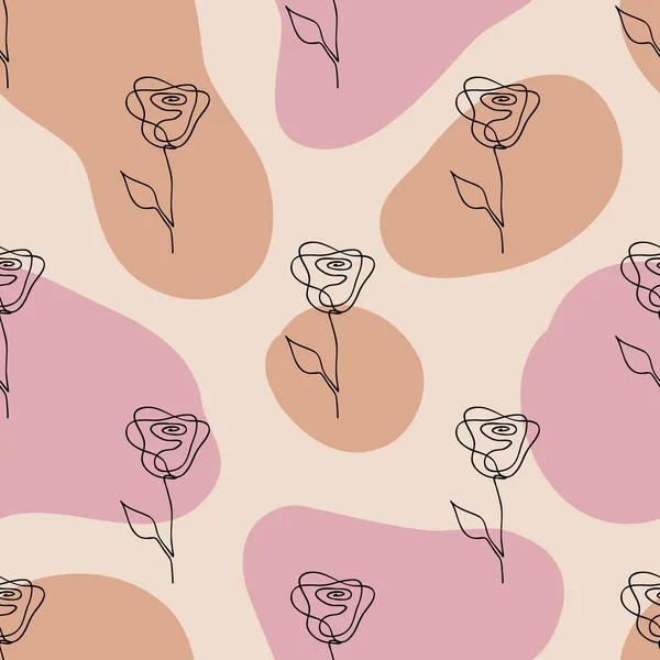 Vektornahtloses Muster einer Linie, das abstrakte Rosenblüten und geometrische flüssige Formen zeichnet. Handgezeichnetes modernes minimalistisches Design für Mode, Print, Textil — Stockvektor