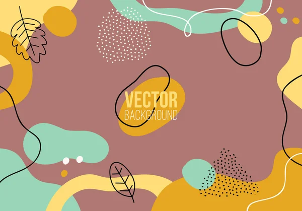 Vector abstracto fondo patrón colorido con líneas, plantas y puntos. Salpicaduras de líquido moderno de formas geométricas en el estilo de moda memphis — Archivo Imágenes Vectoriales